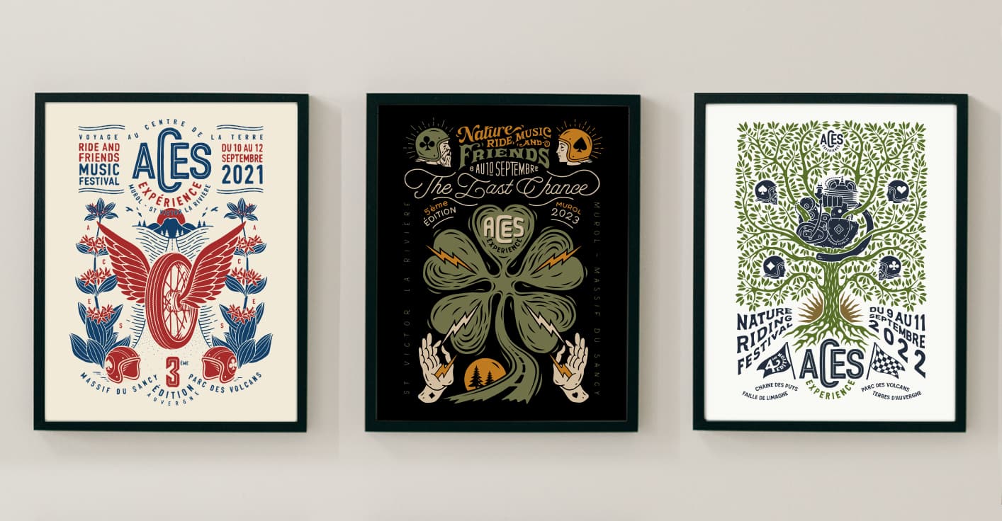 Bespoke event poster series for ACES Experience — heritage-style visual identity by BMD Design Bordeaux.