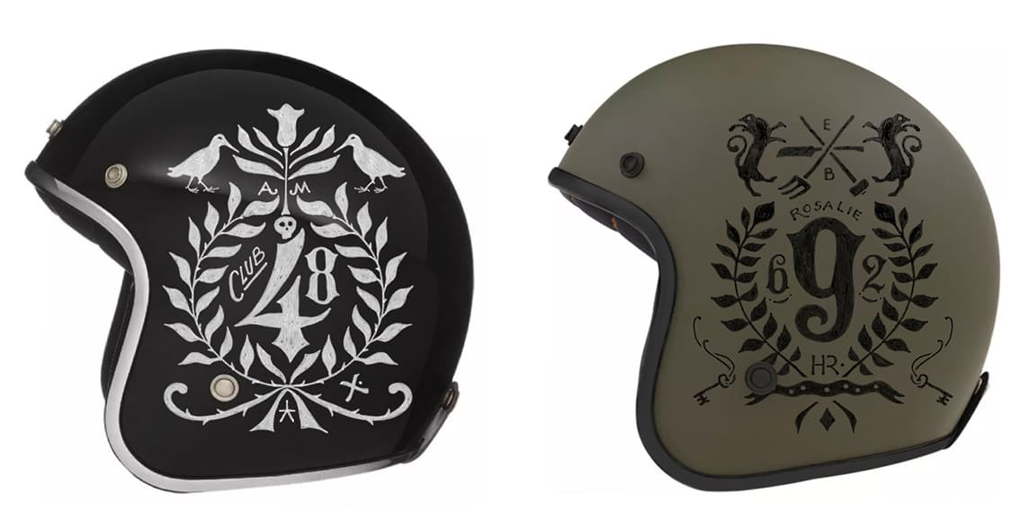 Iconic motorcycle culture imagery hand painted on professional racing helmets.