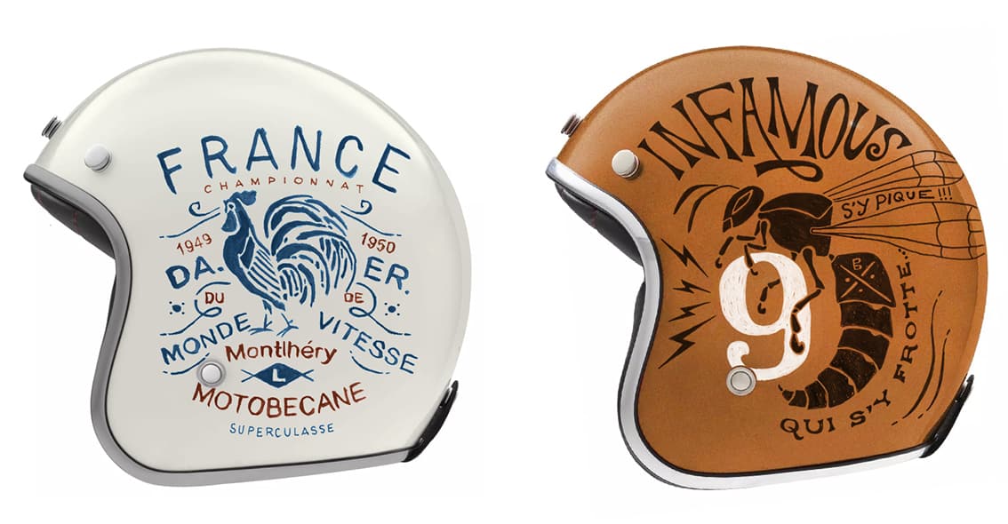 Exclusive artist series of hand-lettered and illustrated motorcycle helmets.