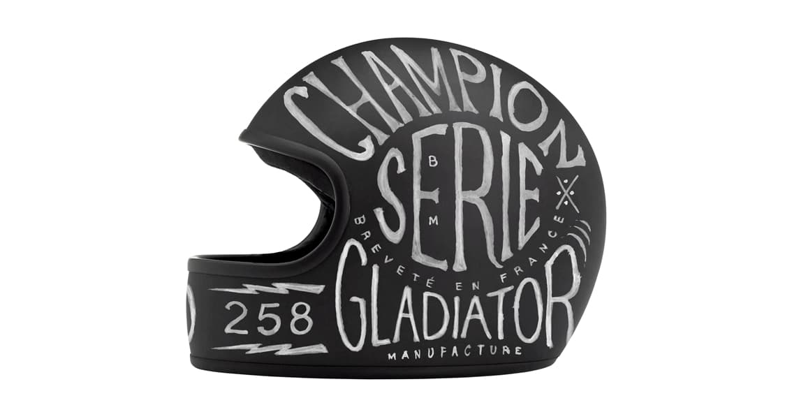 Hand-drawn typographic art and bespoke lettering on premium motorcycle helmets.