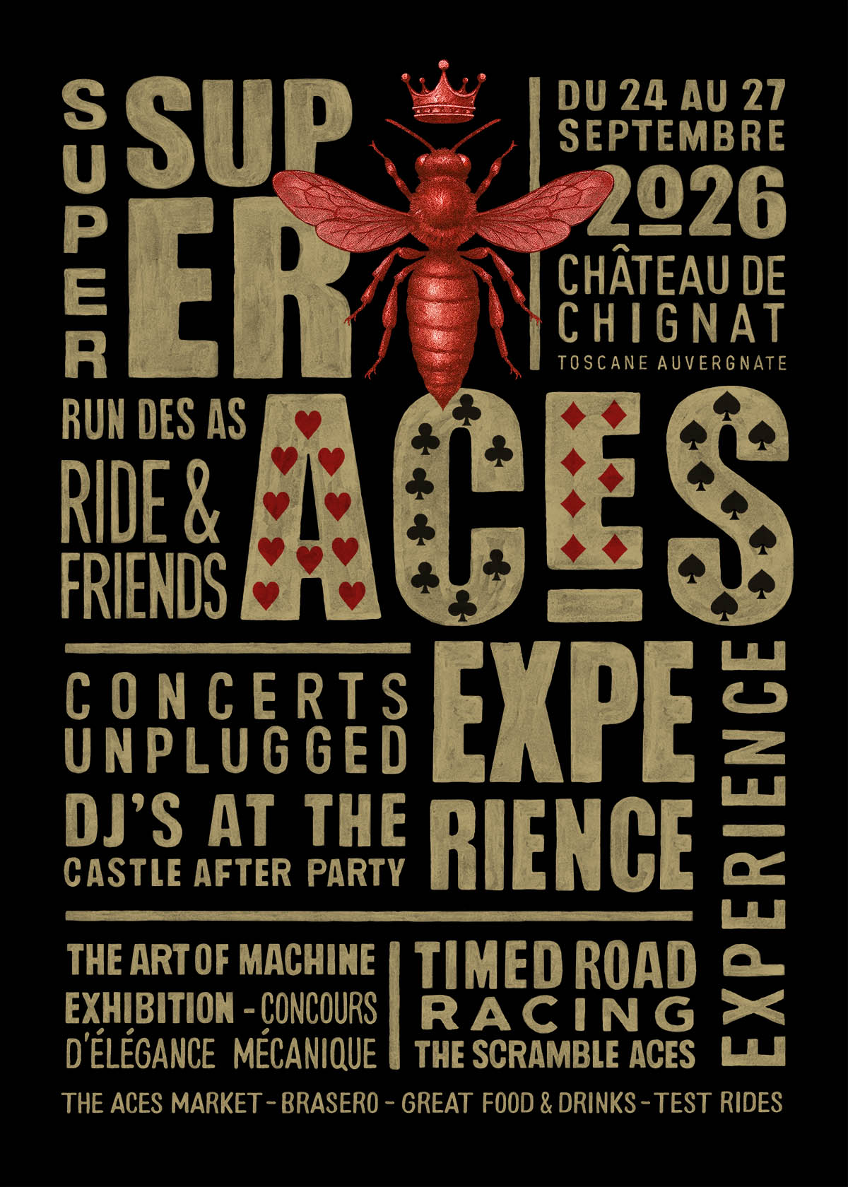 Super Aces Experience 2026 — Official event poster, hand-drawn Queen Bee illustration by BMD Design (Bruno Michaud), Bordeaux.