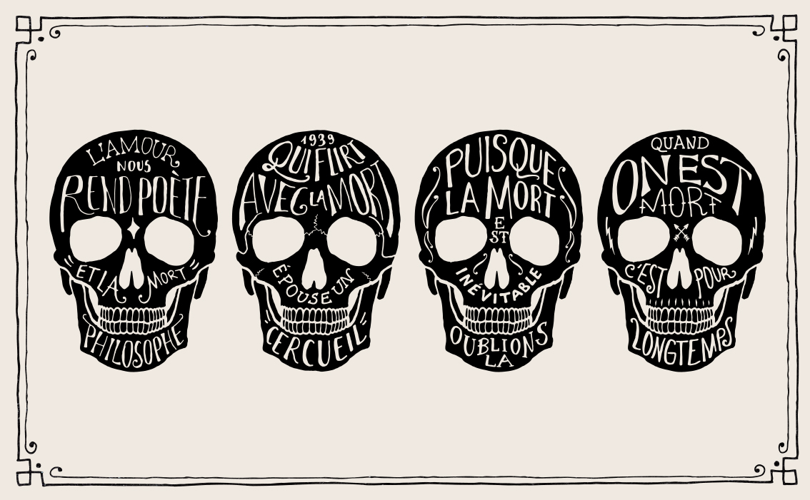 Traditional memento mori visual identity and hand-inked artisanal brand marks