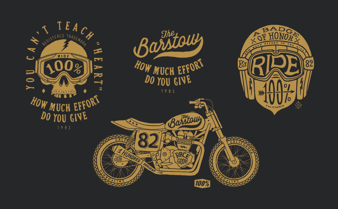 California lifestyle branding and hand-drawn motocross illustration for Ride 100% USA