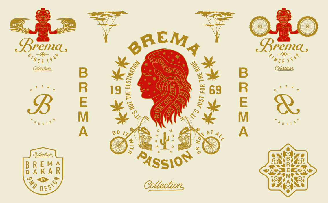 Artisanal hand-lettered logos and technical apparel branding for Brema France