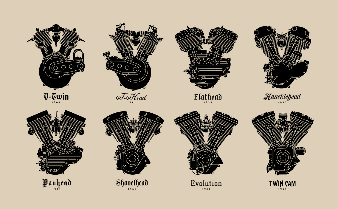 Vintage industrial branding and hand-drawn engine block illustration for Motor USA