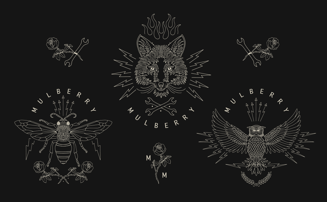 Logo Mulberry haut de gamme dessiné à la main — collaboration Georgia Jagger, identité visuelle luxe anglais tracée à l'encre de Chine