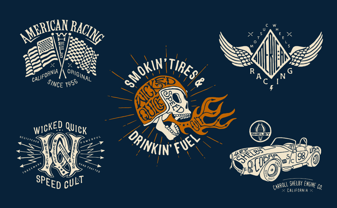 Racing-inspired apparel graphics and hand-drawn logo design for Wicked