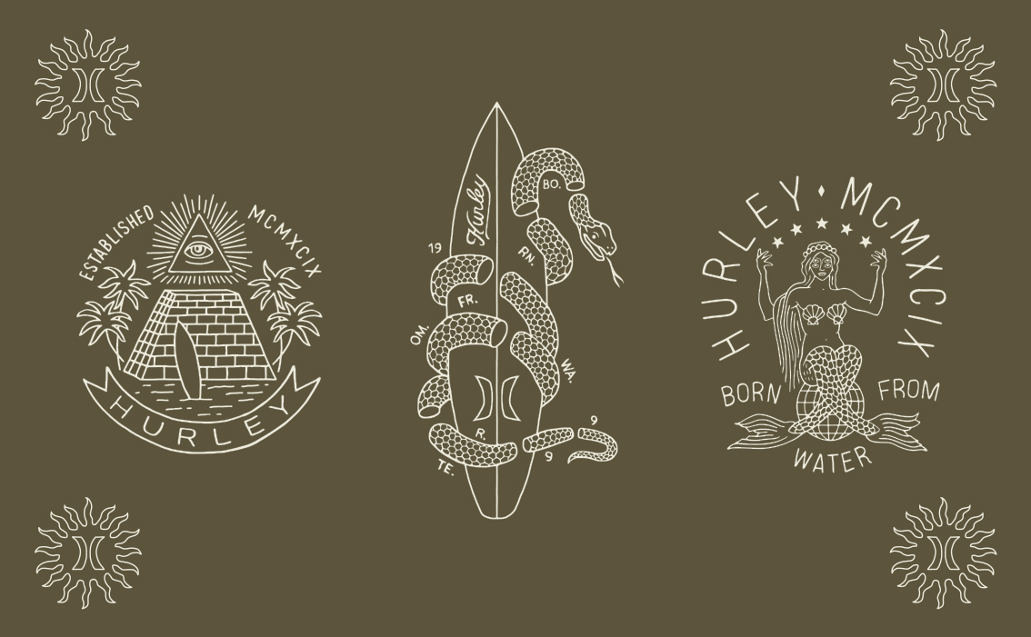 Surf and streetwear lifestyle illustration and hand-drawn branding for Hurley USA