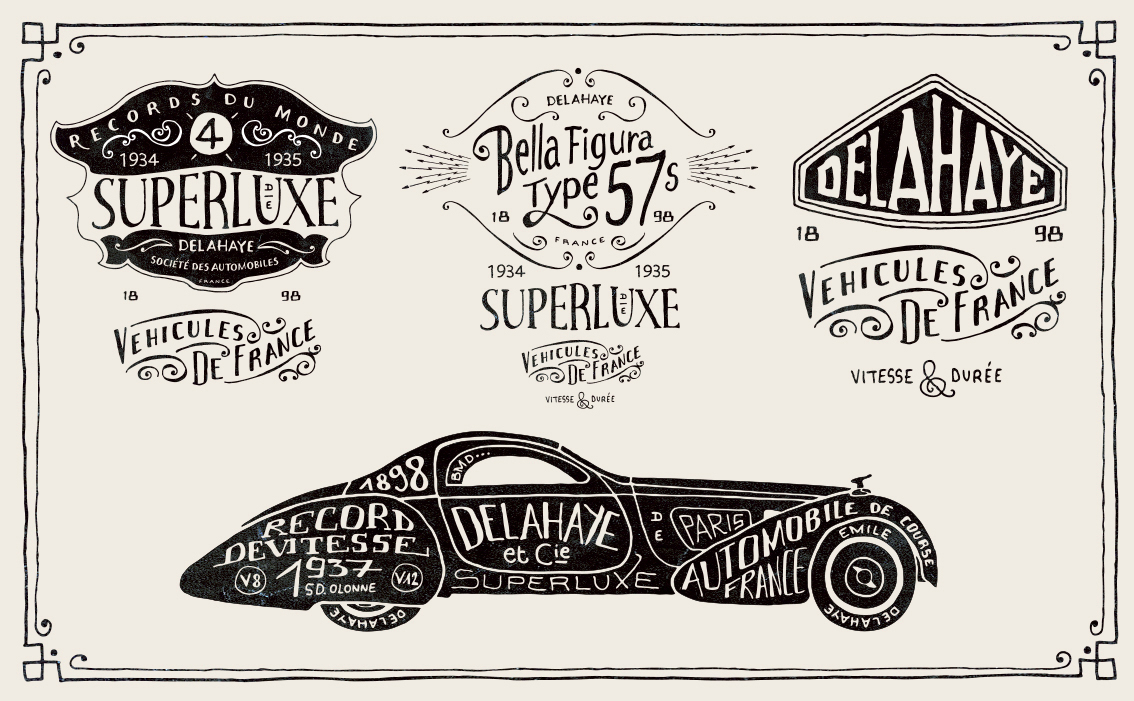 Heritage automotive prestige branding and hand-drawn logo for Delahaye France