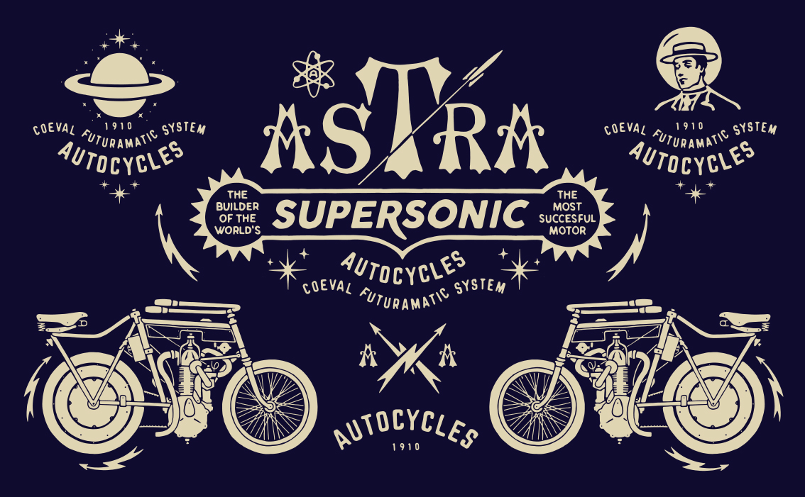 Retro-futurist branding and vintage 1960s hand-drawn emblem for Astra