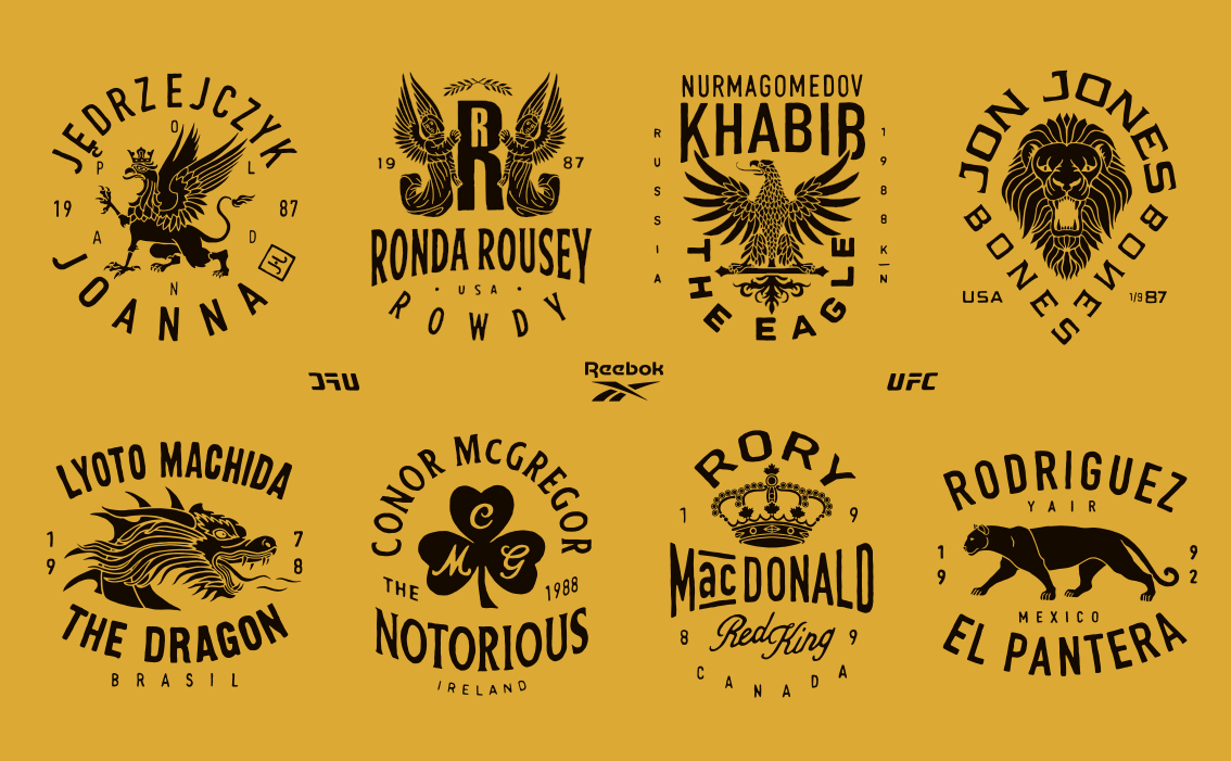 Hand-drawn MMA athletic logo and artisanal identity for Reebok UFC collection