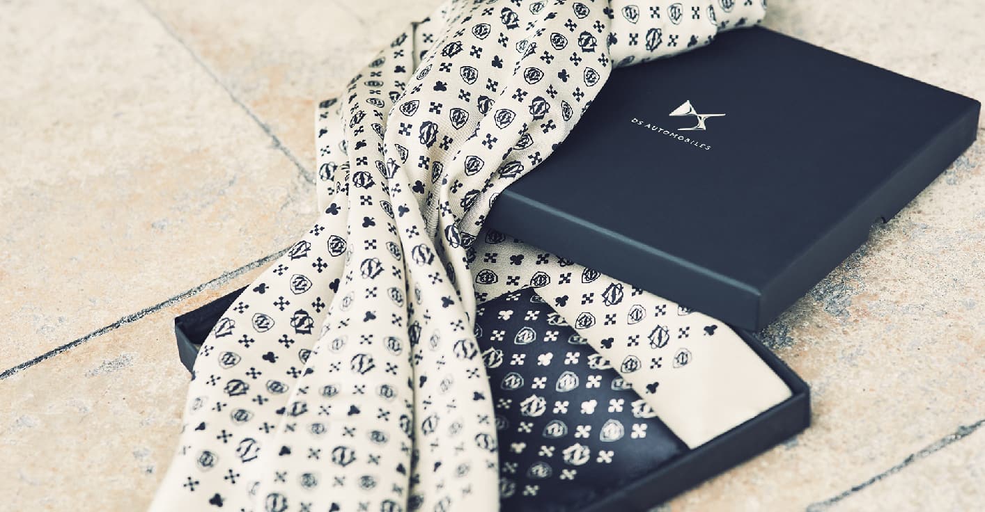 Limited edition silk scarf design for DS Automobiles - Luxury fashion accessory by BMD Design Bordeaux.