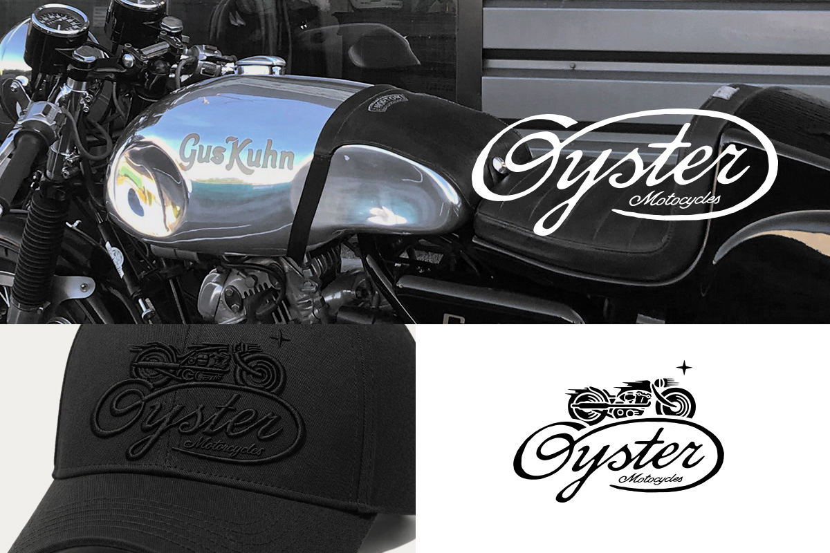 Oyster Motorcycles — raw workshop logo identity for a bespoke motorcycle restoration atelier in Château-d'Oléron, by BMD Design