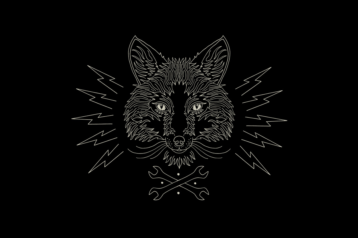 Fox emblem — hand-drawn minimalist biker composition for Mulberry London Cool collection by BMD Design (Bruno Michaud).