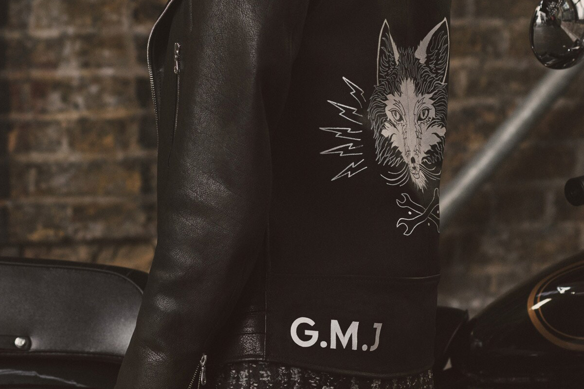 Hand-drawn embroidery graphic on lambskin leather jacket — Mulberry x Georgia May Jagger by BMD Design (Bruno Michaud).
