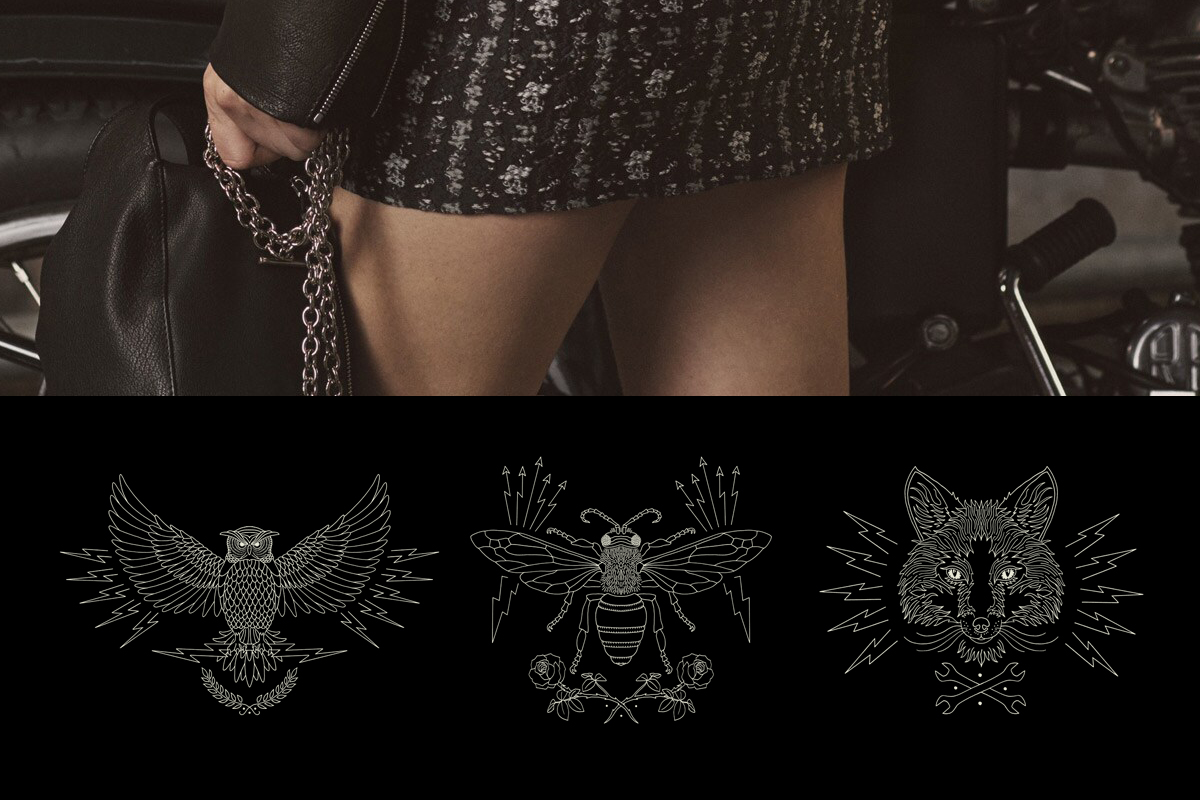 Biker emblem print for silk scarves — Mulberry x Georgia May Jagger London Cool collection, visual identity by BMD Design.