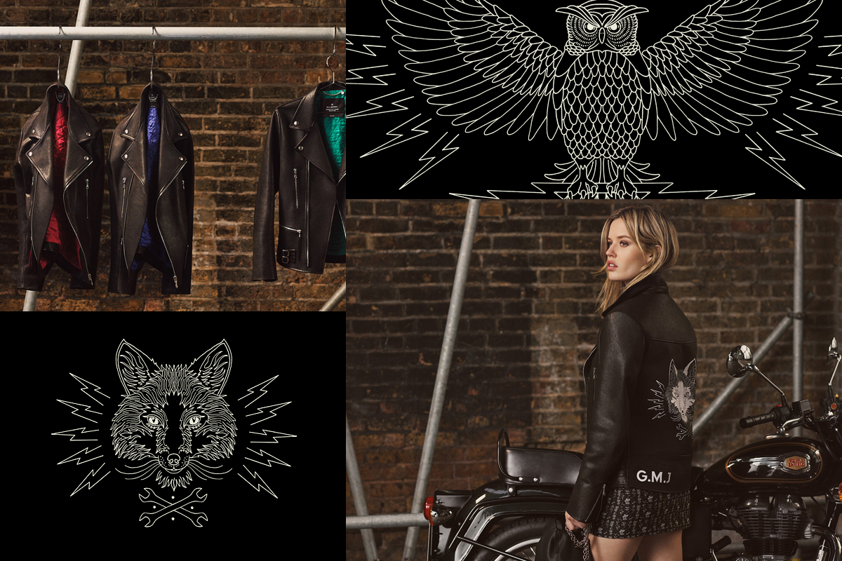 Fox Wolf Owl illustration — hand-drawn minimalist biker composition for Mulberry London collection by BMD Design (Bruno Michaud)