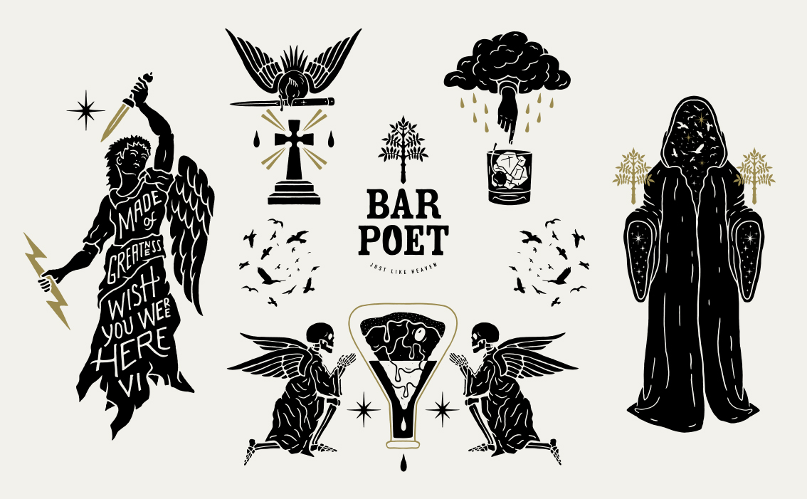 Hand-drawn logo for Poet Bar — heritage typography drawn in ink for a French-speaking bar-restaurant in Quebec