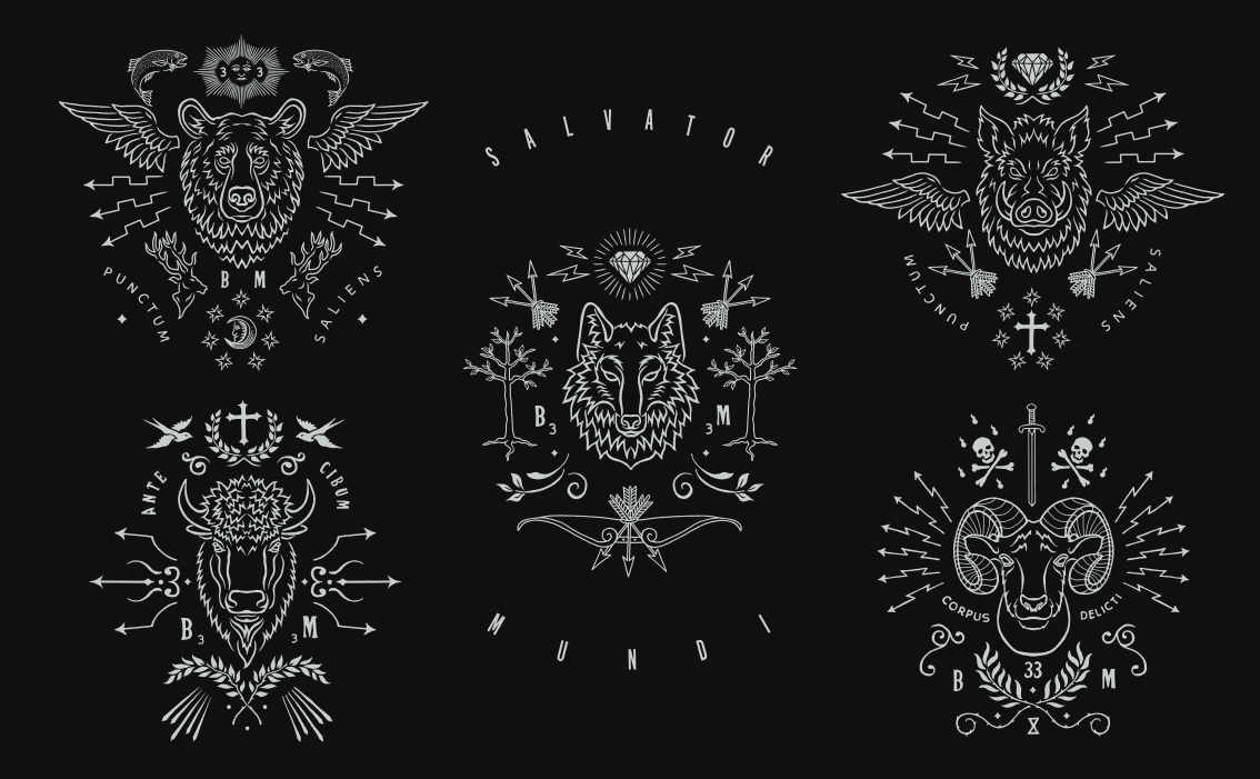 Hand-drawn emblem for Salvator — heritage illustration lettered in Chinese ink