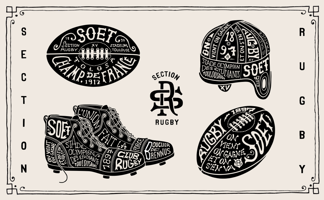 Hand-drawn graphic system for Soet — team-sport visual identity drawn with a brush, rugby emblem