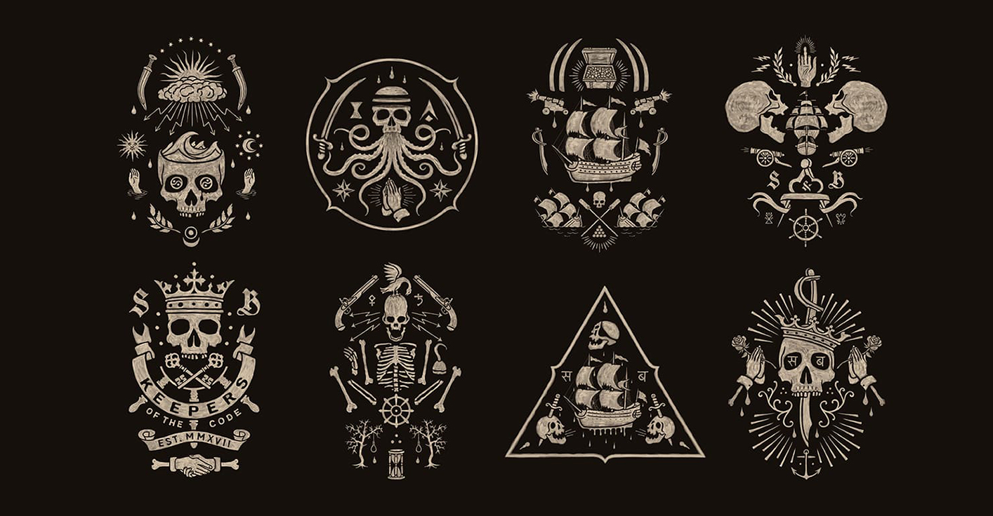 Custom hand-drawn pirate logo and nautical illustrations by BMD Design, Bordeaux.