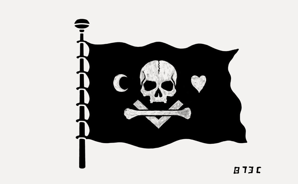 Skull and crossbones pirate flag — traditional ink illustration by BMD Design